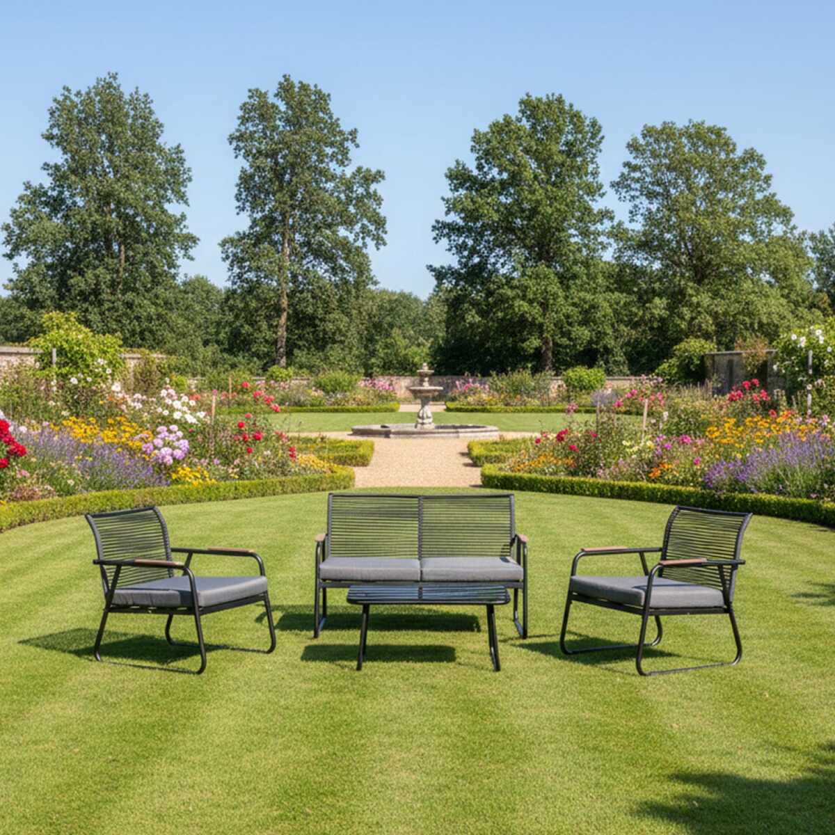 Aiamööblikomplekt MACOS laud, diivan ja 2 tooli, hall/must - Image 7