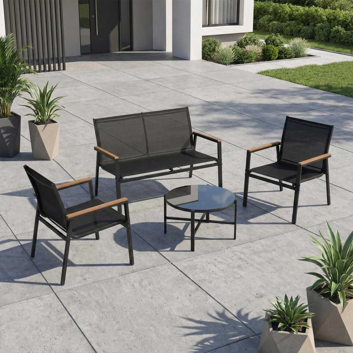 Aiamööblikomplekt CANAAN laud, pink ja 2 tooli, must - Image 8