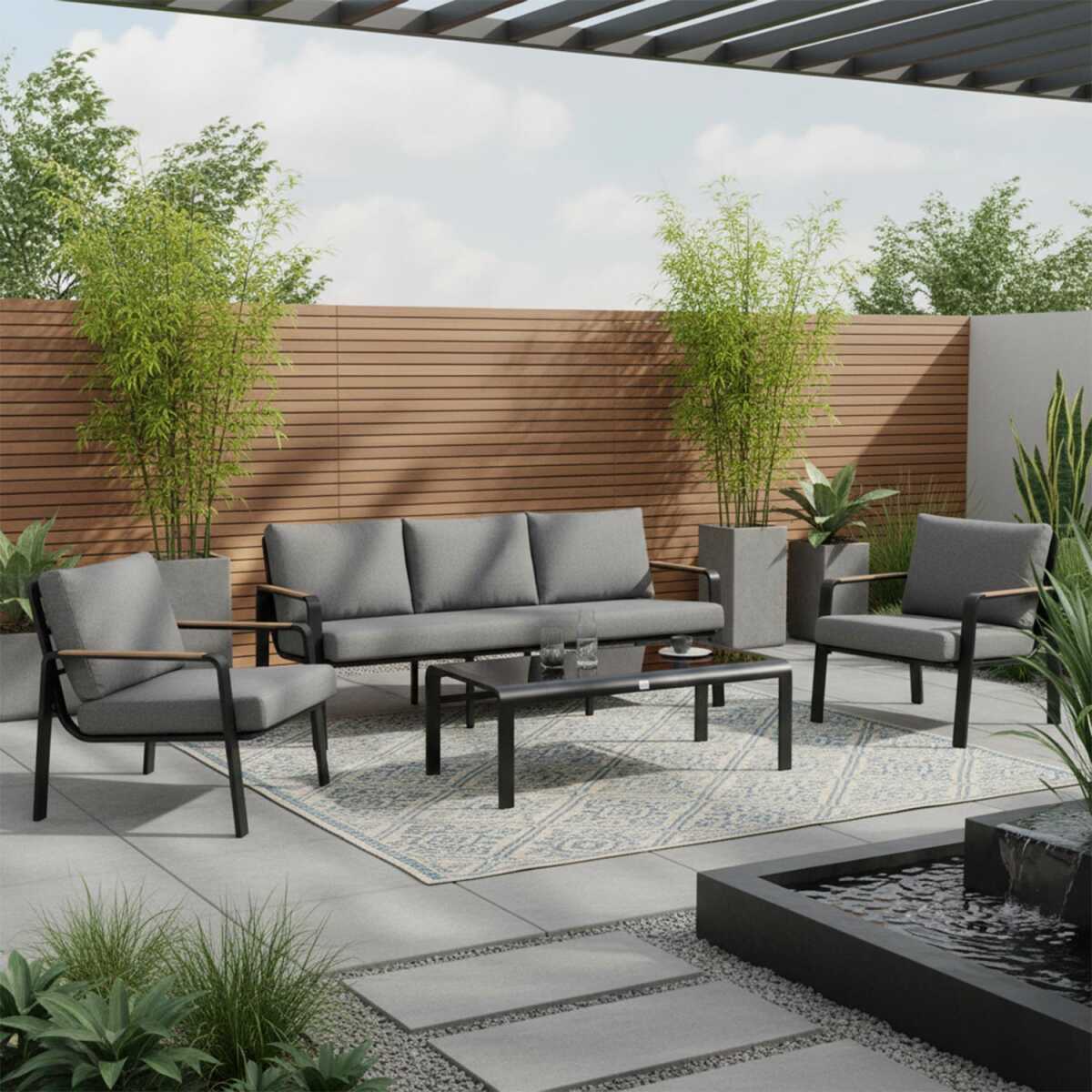 Aiamööblikomplekt LONA laud, diivan ja 2 tooli, hall/must - Image 8